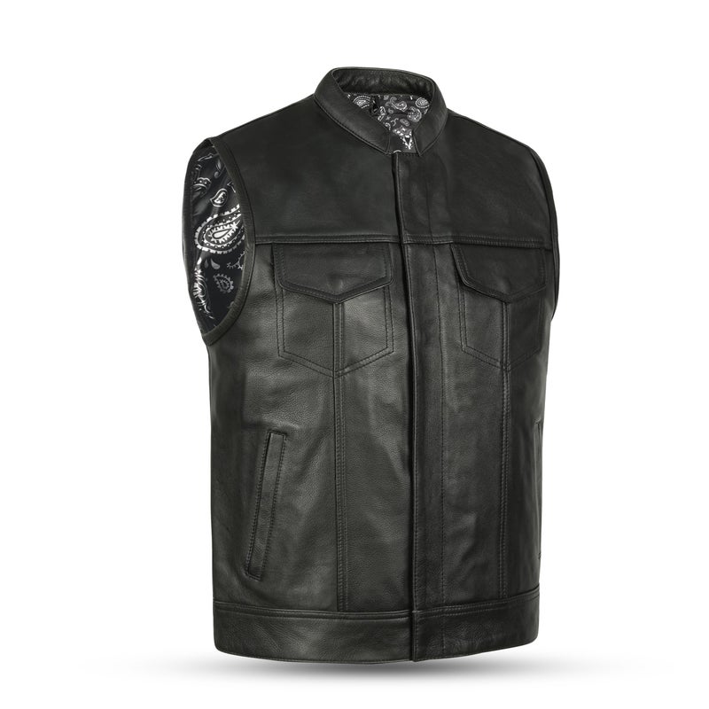 Leatherick Mens Black Motorcycle Vests  SOA Club  Traditional Paisley Satin Liner Leather Biker Vests US Alpha Medium Regular Regular White Paisley With Black Stitching